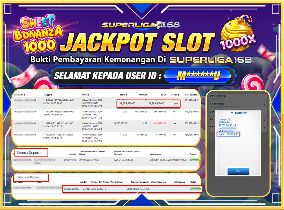 SUPERLIGA168 JACKPOT SWEET BONANZA 1000 Rp.50,000,000.LUNASSS